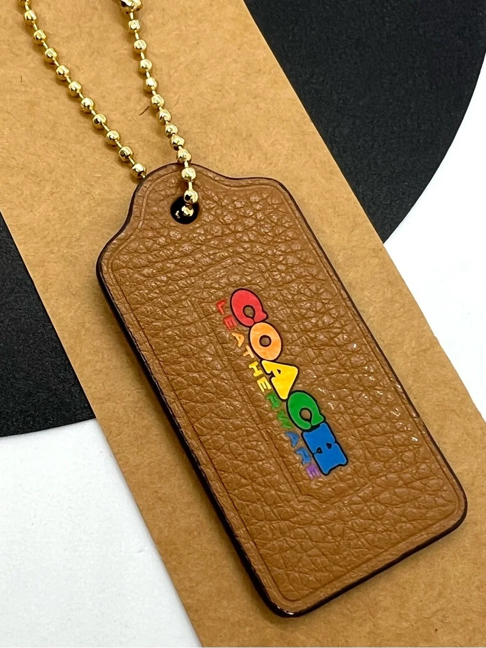 Coach Rainbow Pride Leatherware Hang Tag Bag Charm Saddle Brown Gold EUC